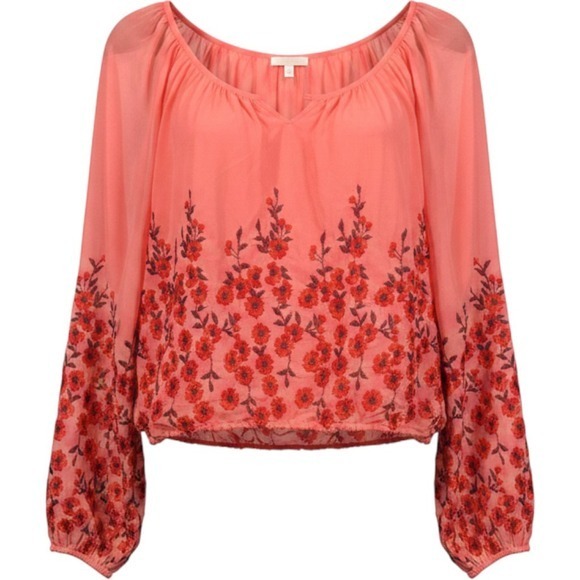 Free People Tops - Free People Embroidered Peasant Blouse Coral Floral Boho Long Sleeve Size XS